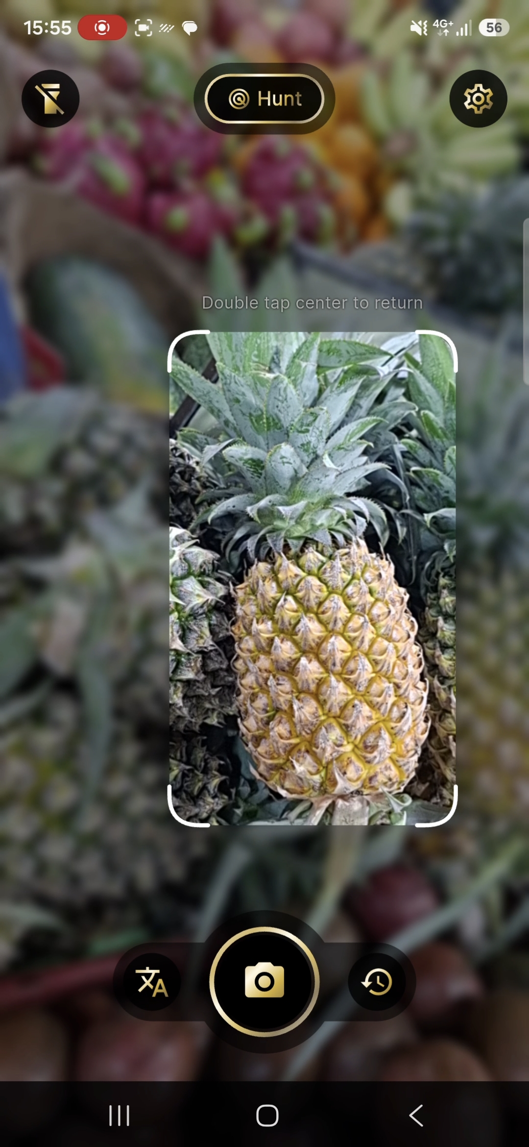 Hunt mode: white reticle centered on a pineapple at a market stall
